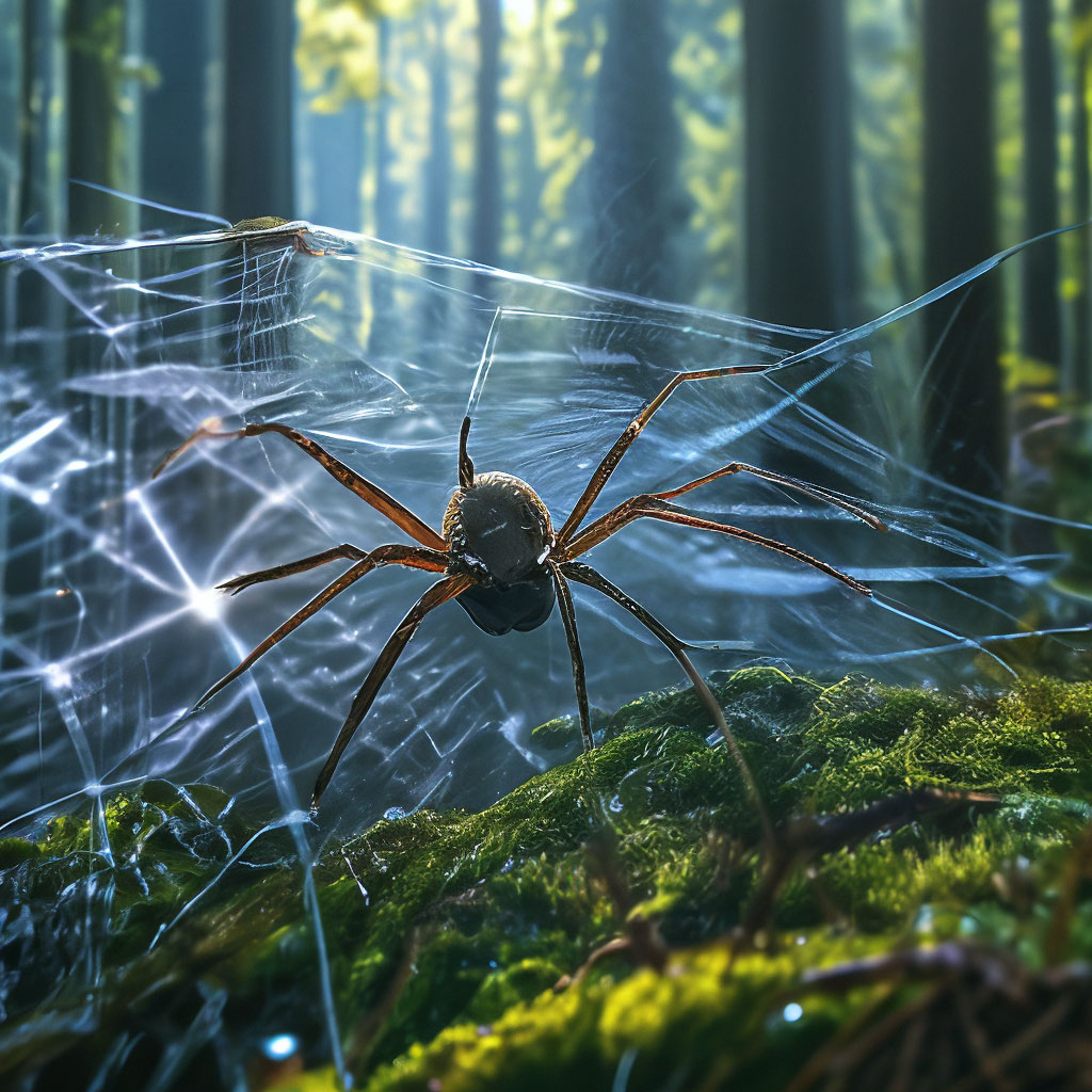 "A large spider web in the forest with raindrops and a fly" — image ...