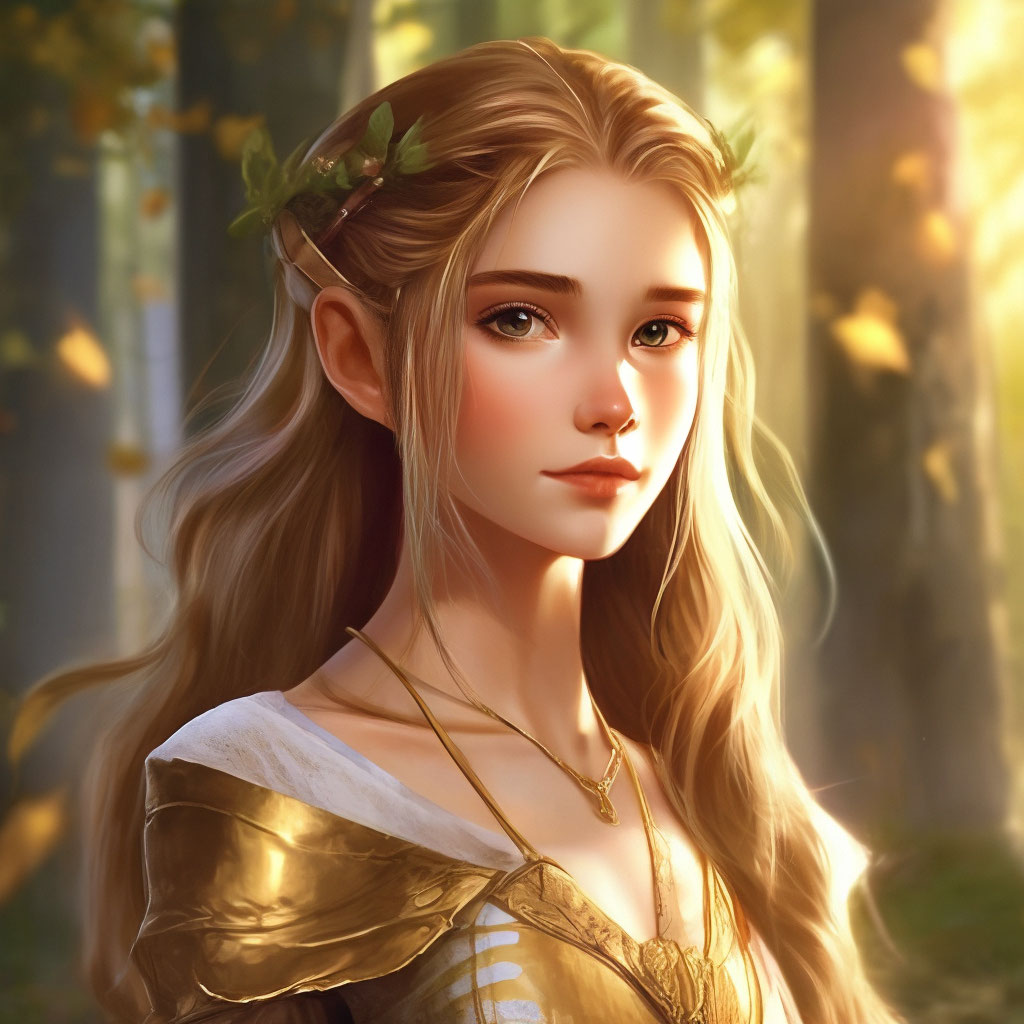 "An elven princess of fourteen, golden brown hair" — image created in ...