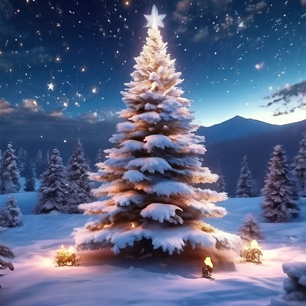 "Fluffy 3D image of christmas tree covered with snow with christmas ...