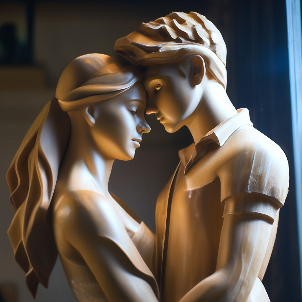 "Sculpture of a girl and a guy made of wood, beautiful, realistic, dim ...
