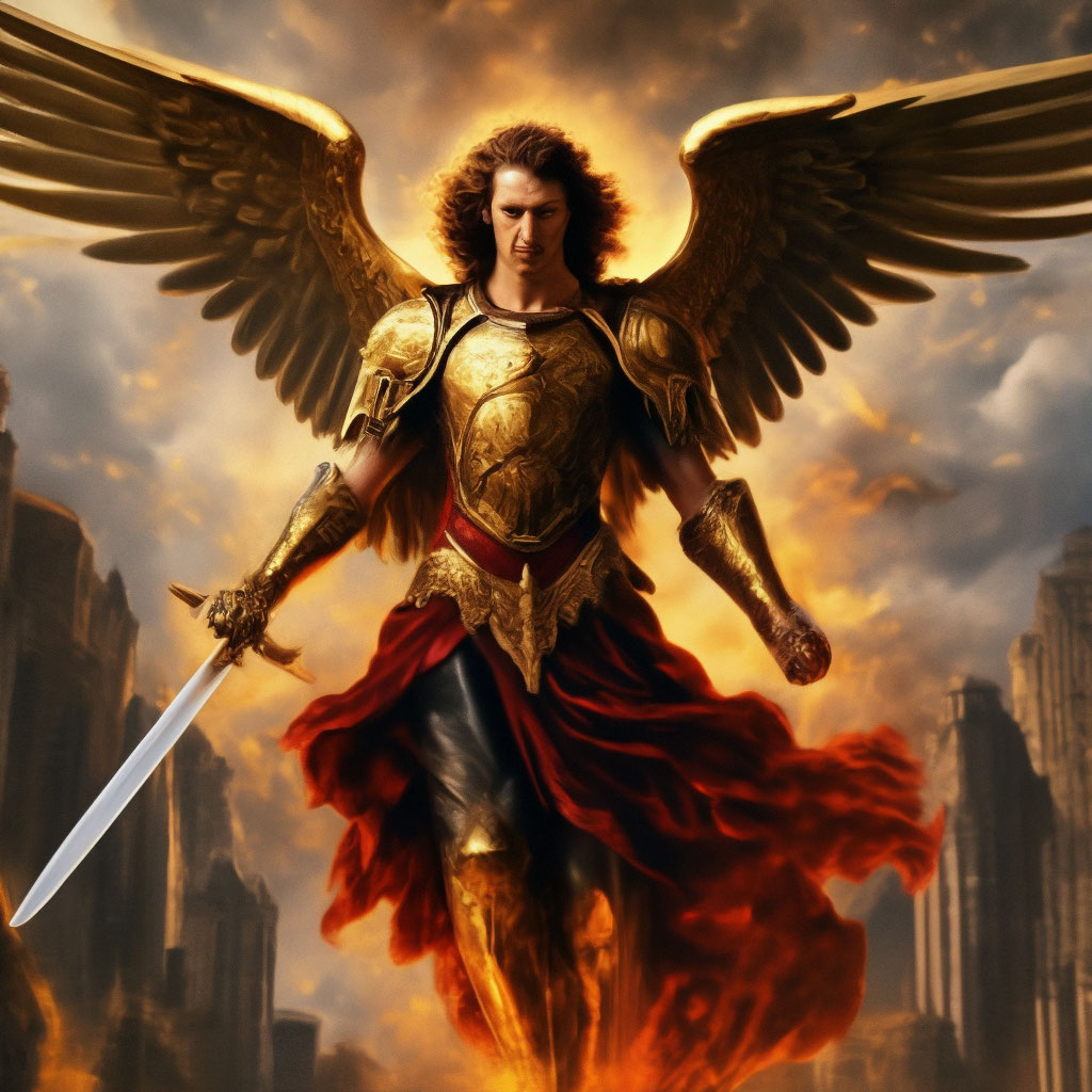 "🌞🌞🌞 the terrible archangel Michael with a halo and a fiery sword ...