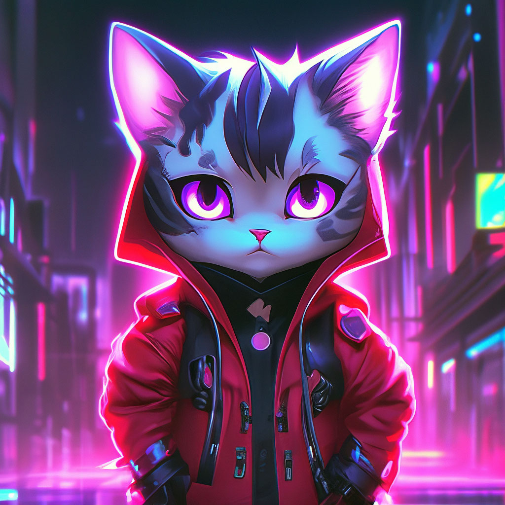 "Neon cyberpunk cat in a red jacket cute with purple eyes in anime ...