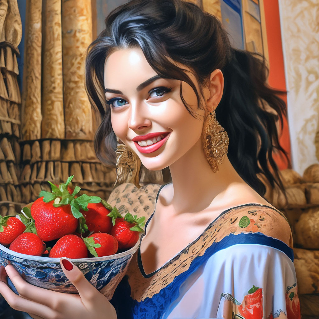 "Admiring strawberries in Egypt,128K,photorealistic color gouache ...