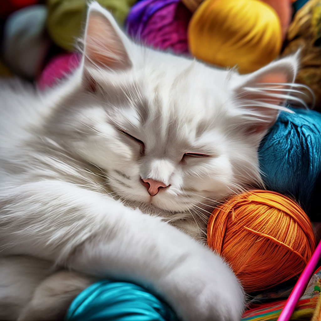"A fluffy white cat sleeps curled up in a ball, colorful balls of ...