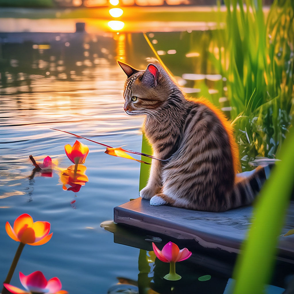 "A cat with a fishing rod is fishing on the shore of a pond, a carp's ...