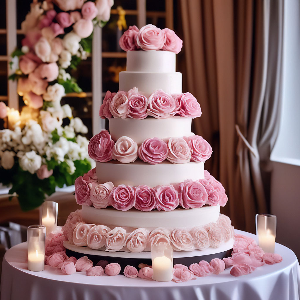"Beautiful wedding three-storey pink and white cake decorated with ...