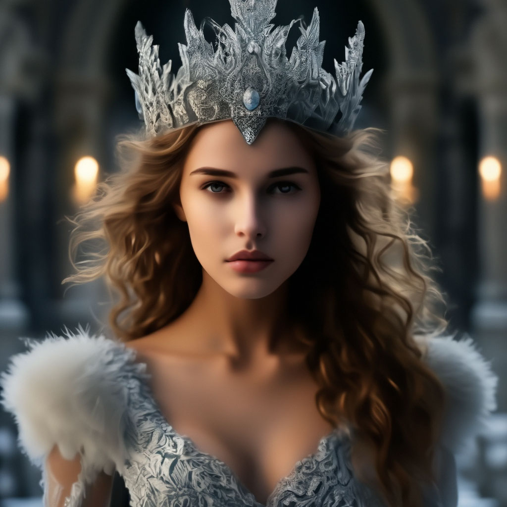 "The snow queen. an ice dress and a crown." — image created in Shedevrum