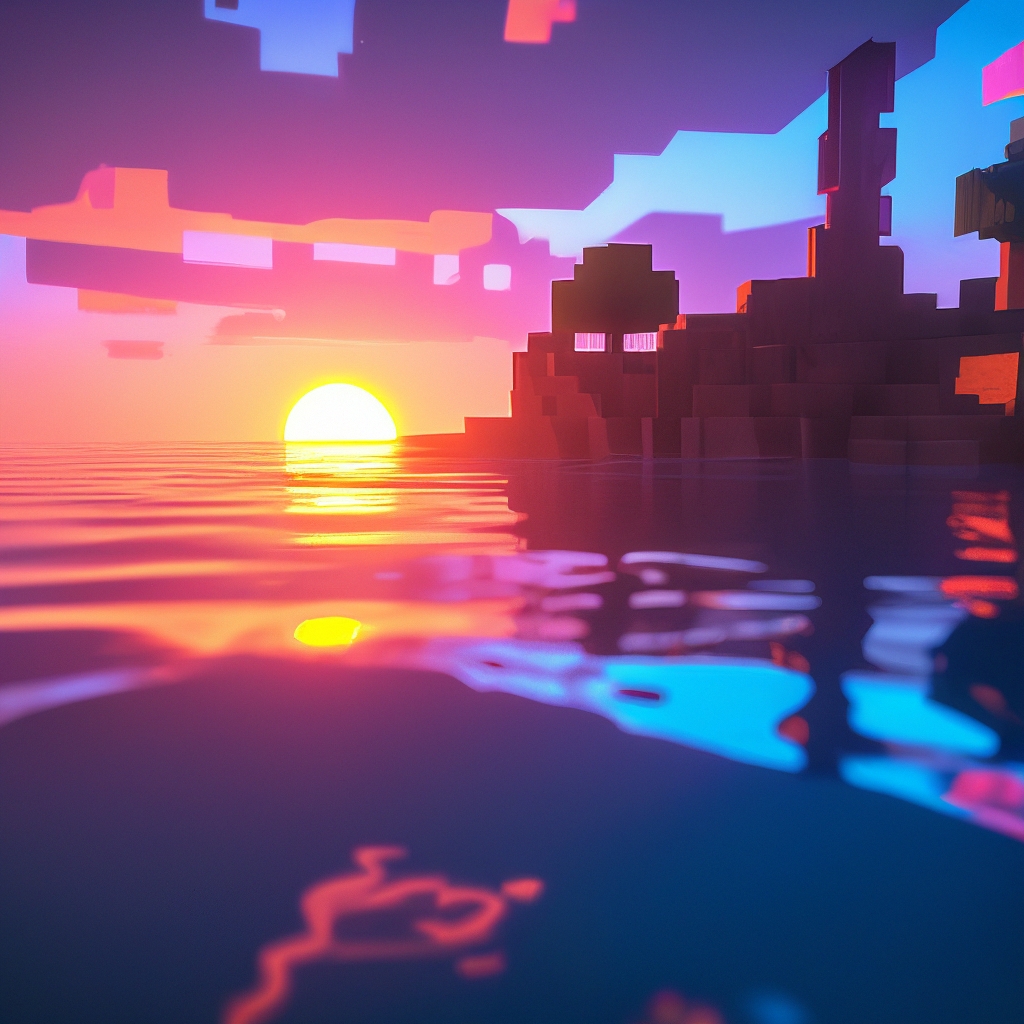 "Sunset on the sea , in the style of minecraft, high detail, neon ...