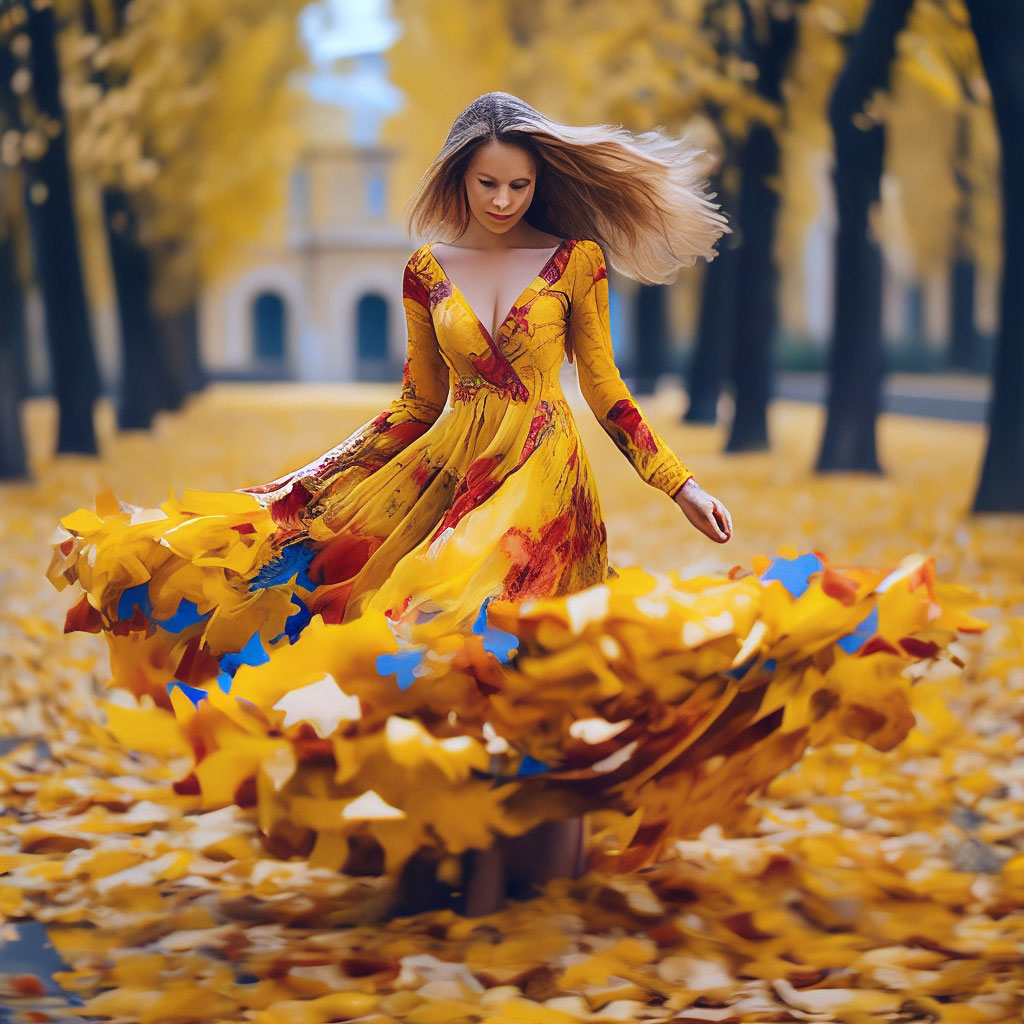 "A stunningly beautiful autumn girl danced on a carpet of yellow leaves ...