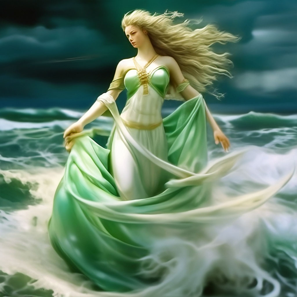 "Aphrodite comes out of the sea foam in full height, slender legs ...