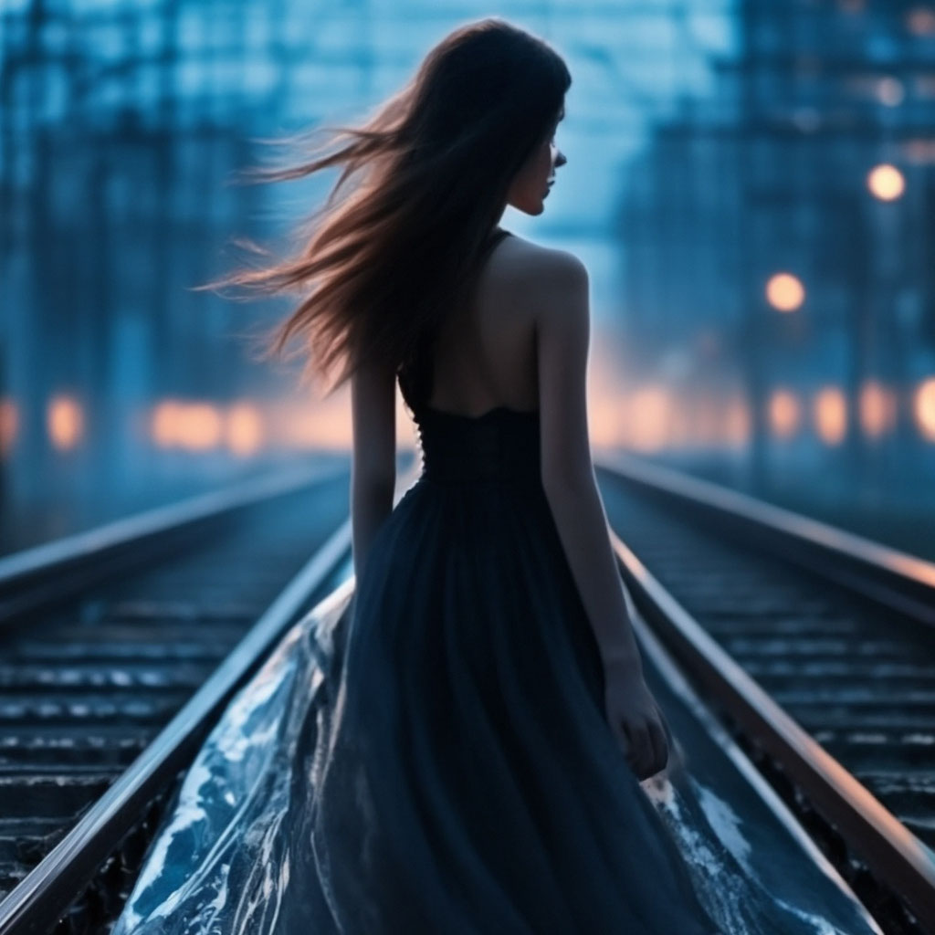 "A girl with her back in a black long dress made of cobwebs, a train ...