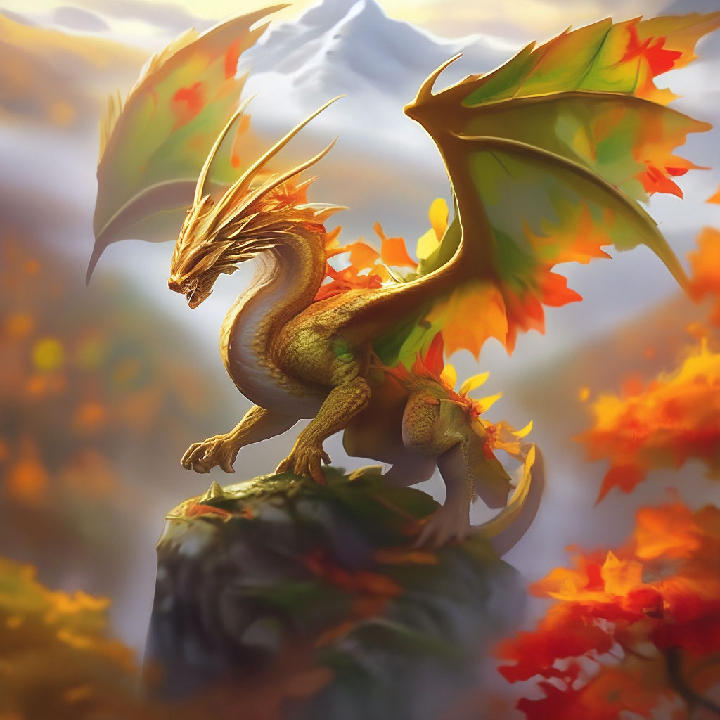"Deciduous, autumn dragon, instead of scales, autumn leaves, soars over ...
