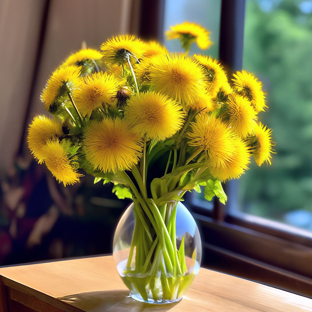 "A bouquet of beautiful, terry, fluffy yellow dandelions in a beautiful ...