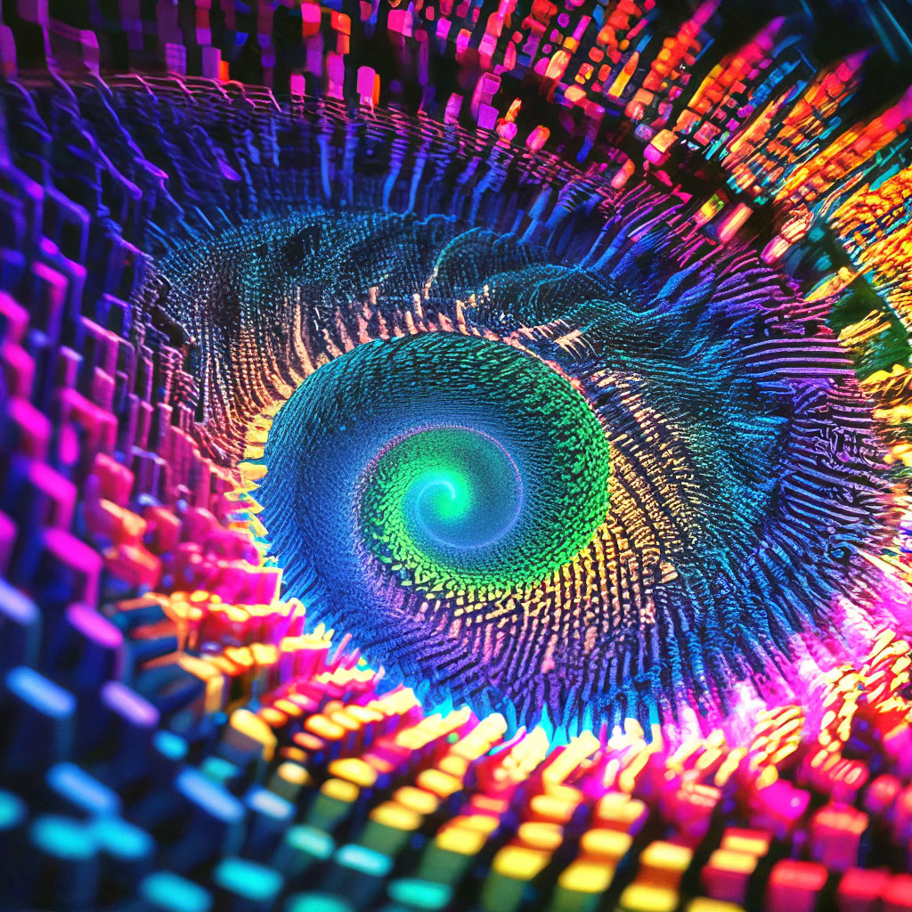 dark vibrant Fibonacci spiral made of tessellating colorful translucent ...