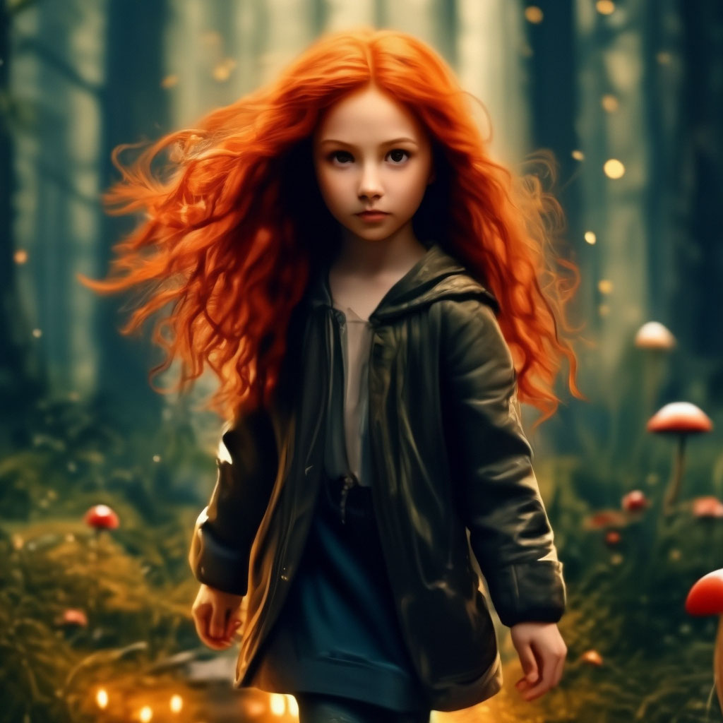 "A curious girl with red hair, full-length, walks through a fabulous ...