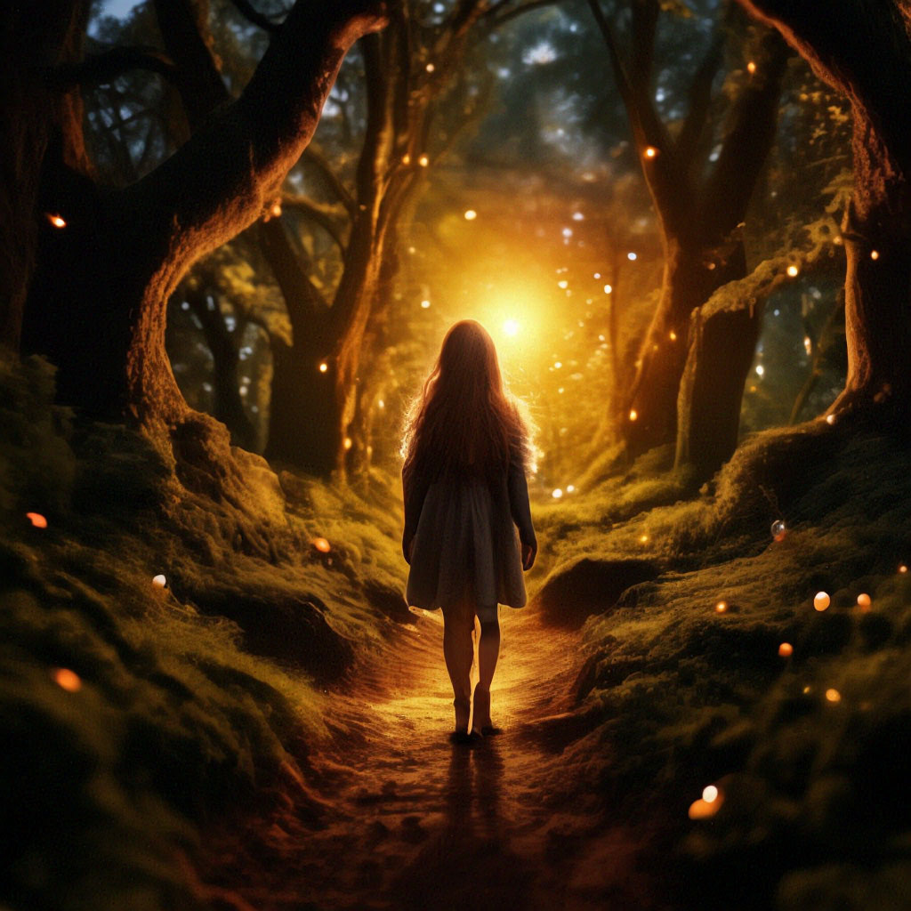 "A girl walks through a magical forest" — image created in Shedevrum
