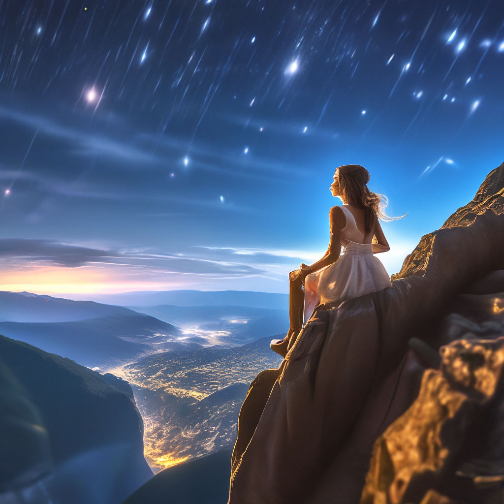 "A girl sits on the edge of a mountain cliff and looks at shooting ...