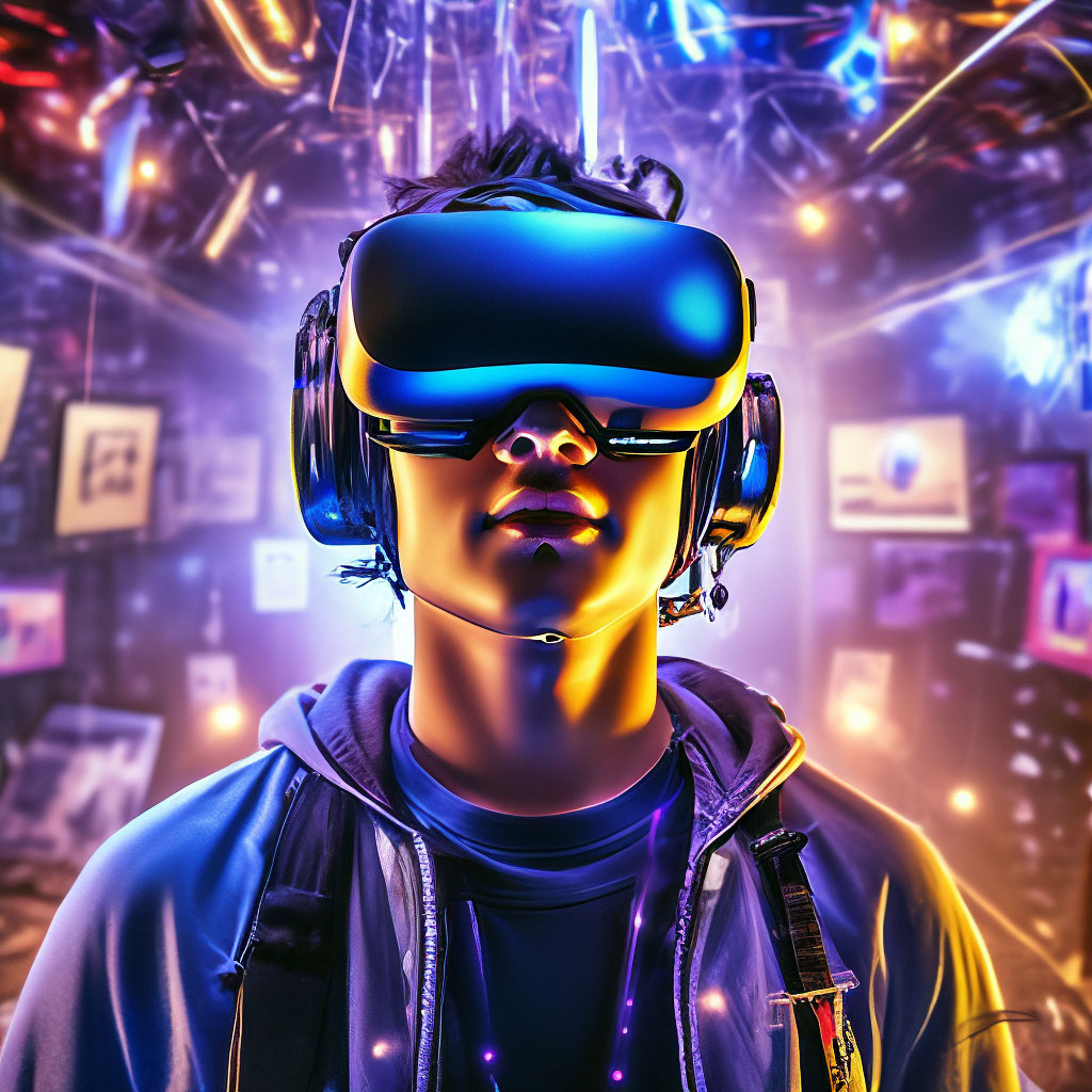 "A young man wearing virtual reality glasses with burning LEDs ...