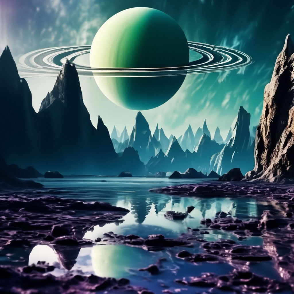 "Dramatic view, planets, huge moon, saturn, alien landscape, fabulous ...