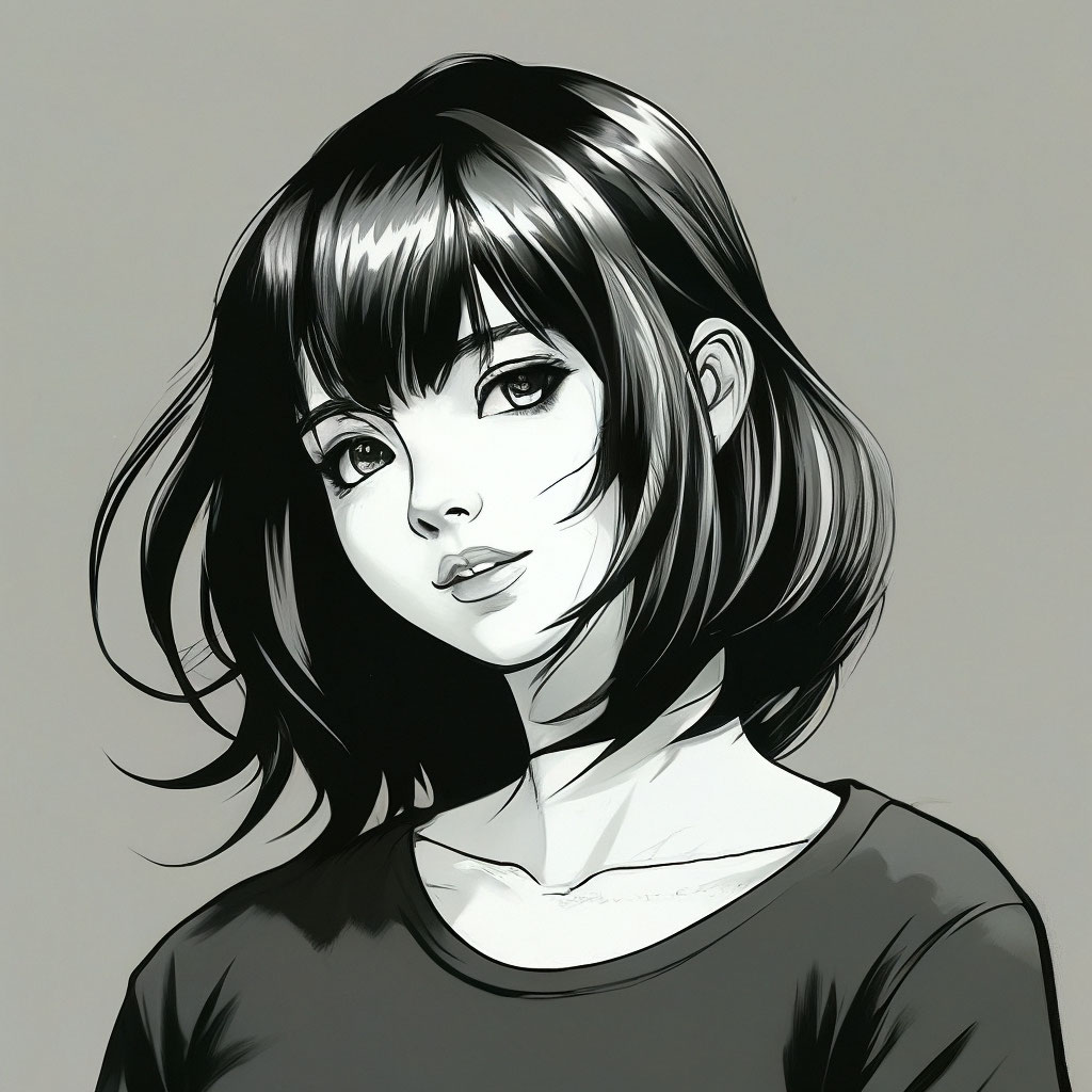 "Girl with medium black hair with bangs anime style black and white ...