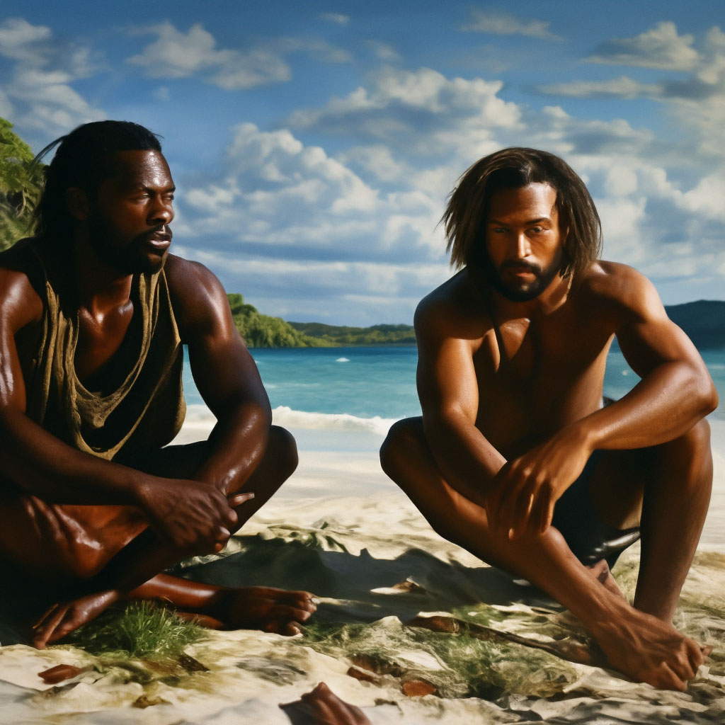 "Robinson and Friday on a desert island hyperrealism" — image created ...