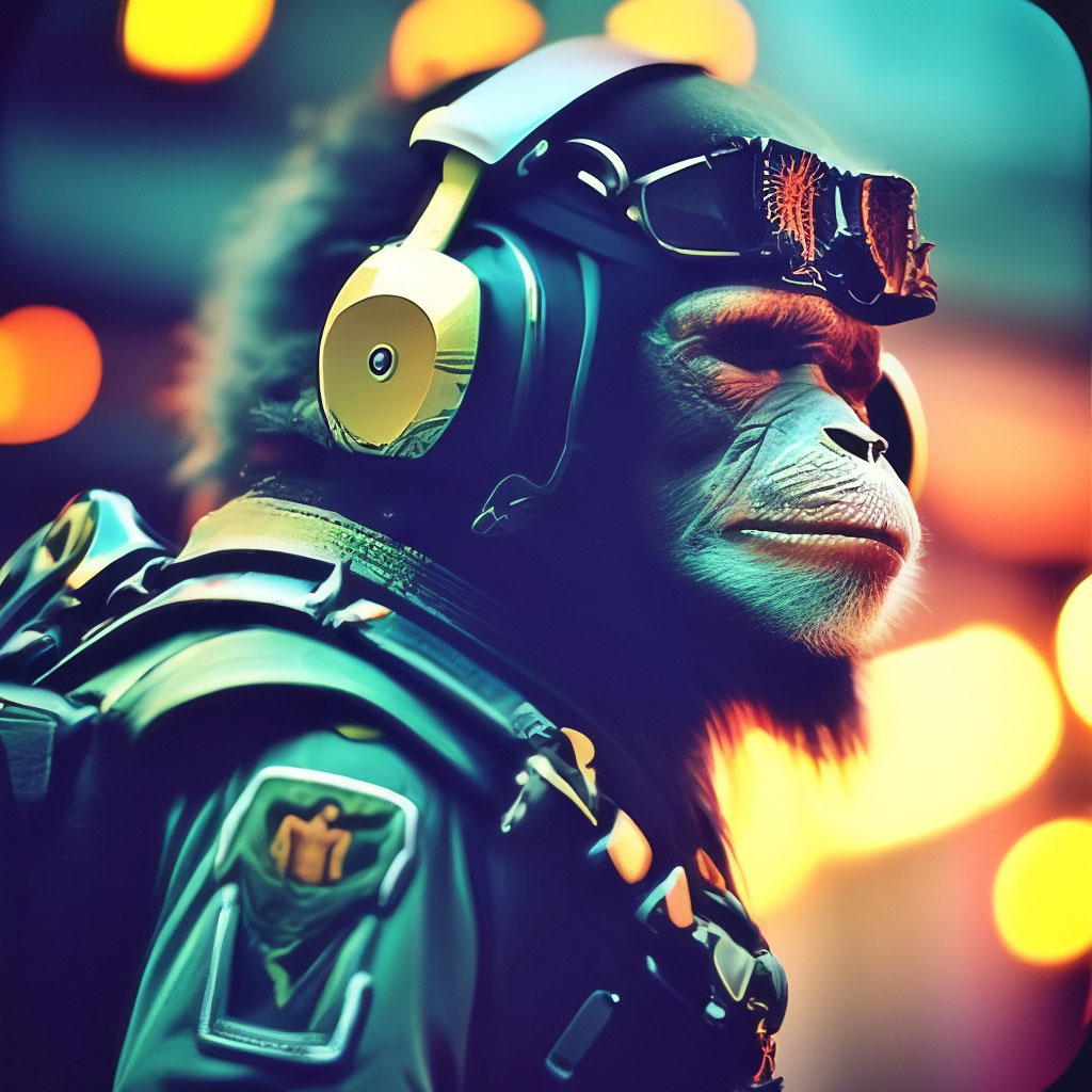 "A mutant cyber monkey in combat gear" — image created in Shedevrum
