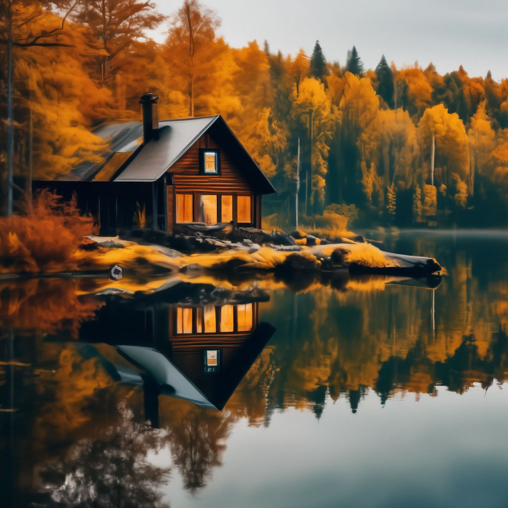 "A small house on the shore of the lake in the autumn forest" — image ...