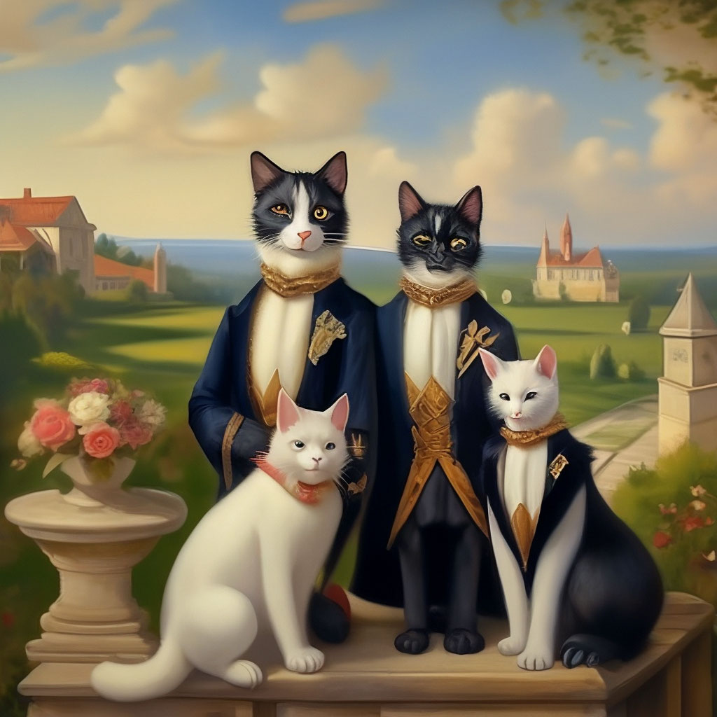 "Family portrait of noble cats. Against the background of the landscape ...