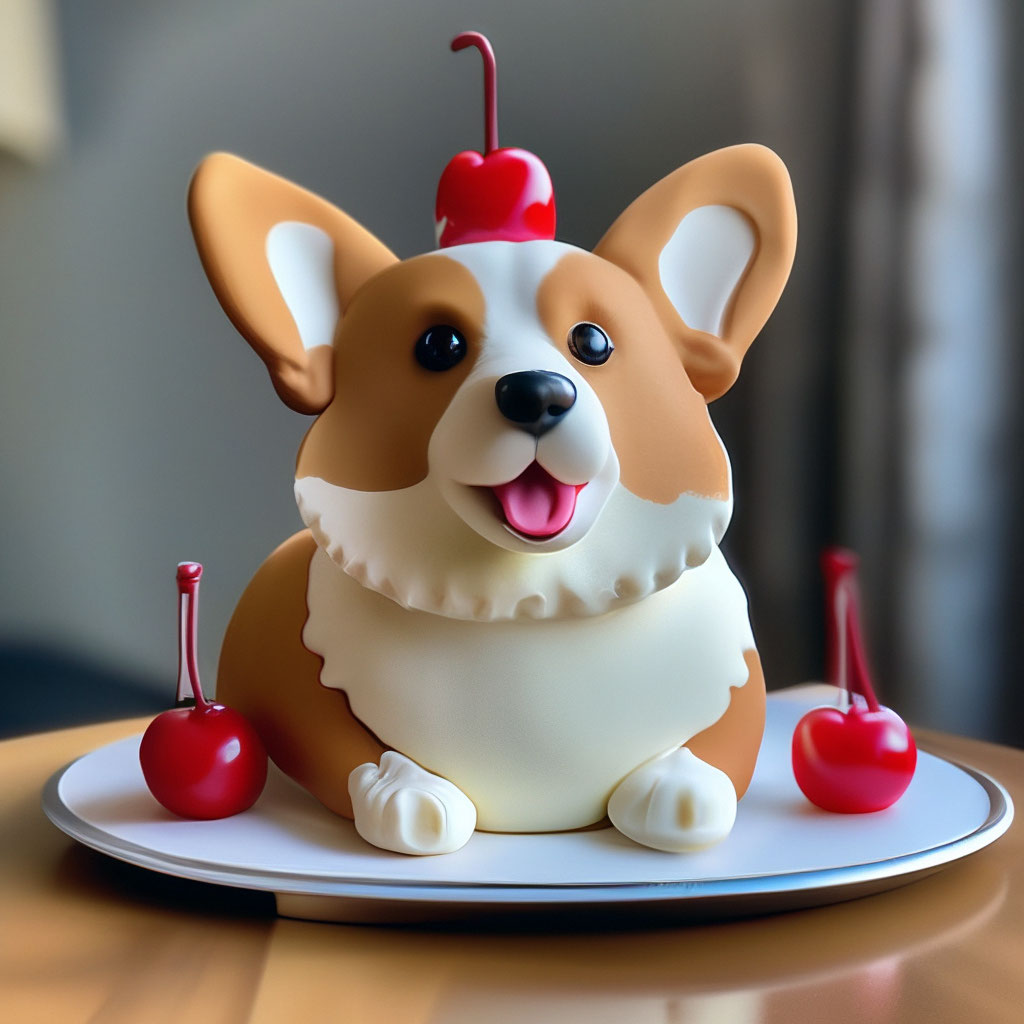 A corgi cake sits with a cherry on image created in Shedevrum