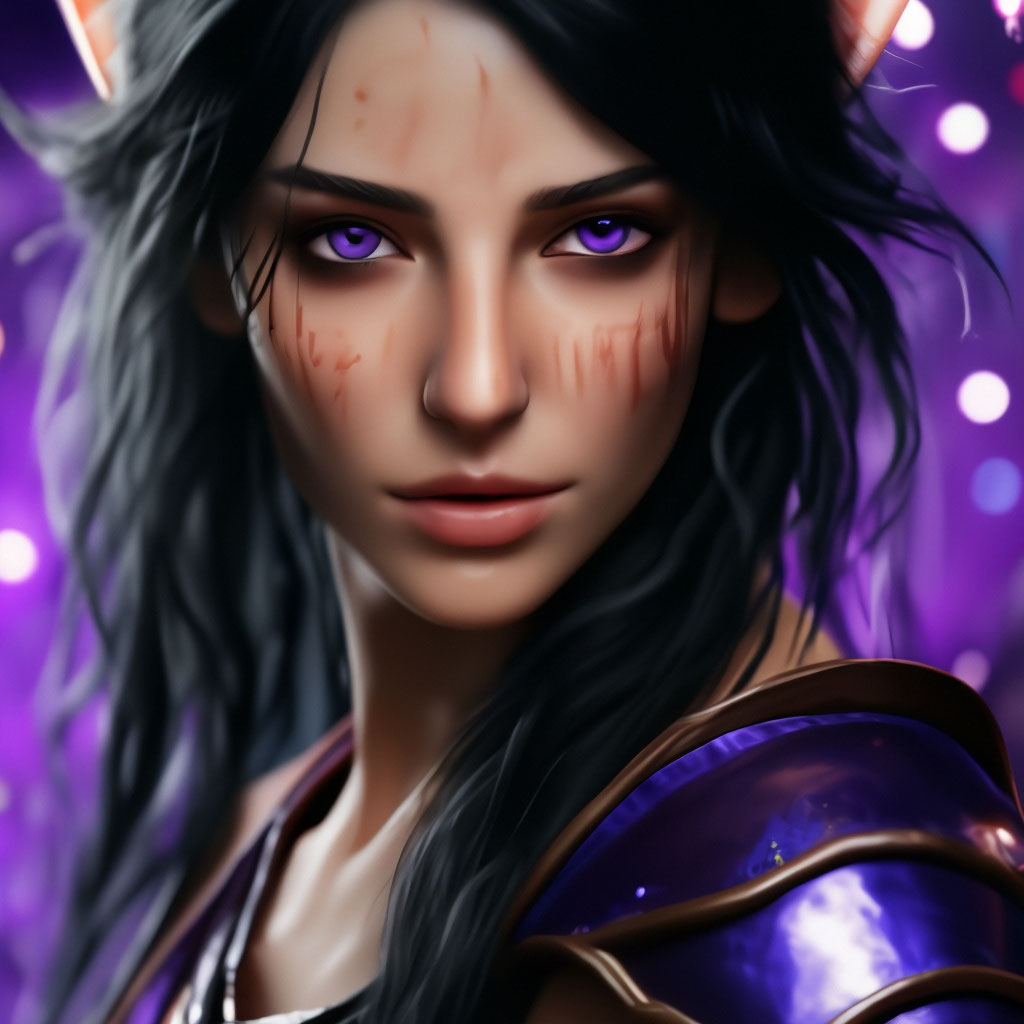 "Elf girl with purple eyes and black hair, with a bow and arrow ...