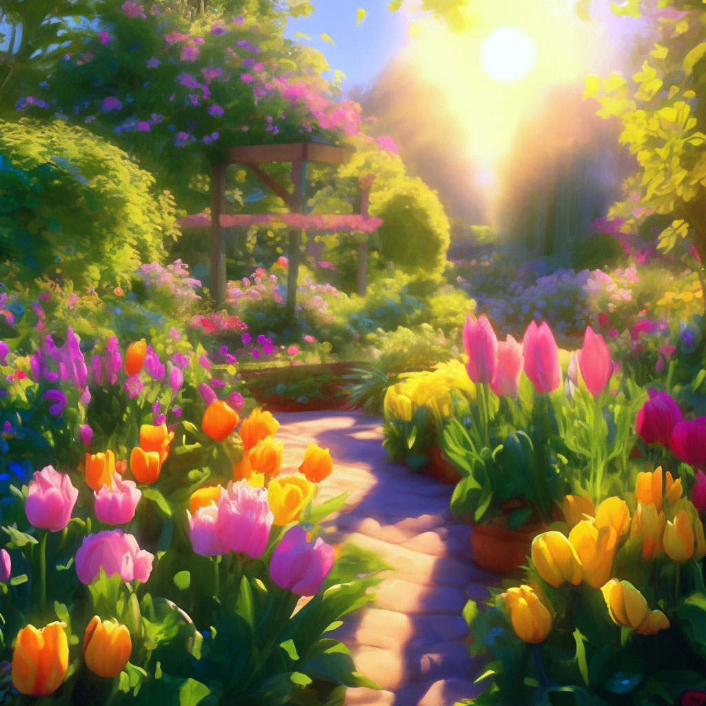 "Blooming garden spring sun photorealism" — image created in Shedevrum