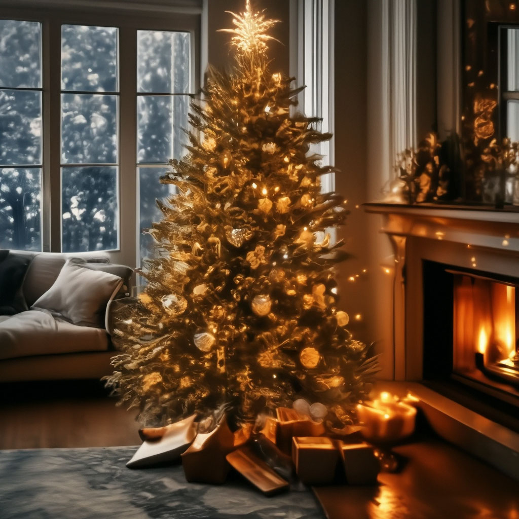 "New Year's landscape, lots of details, decorated Christmas tree ...