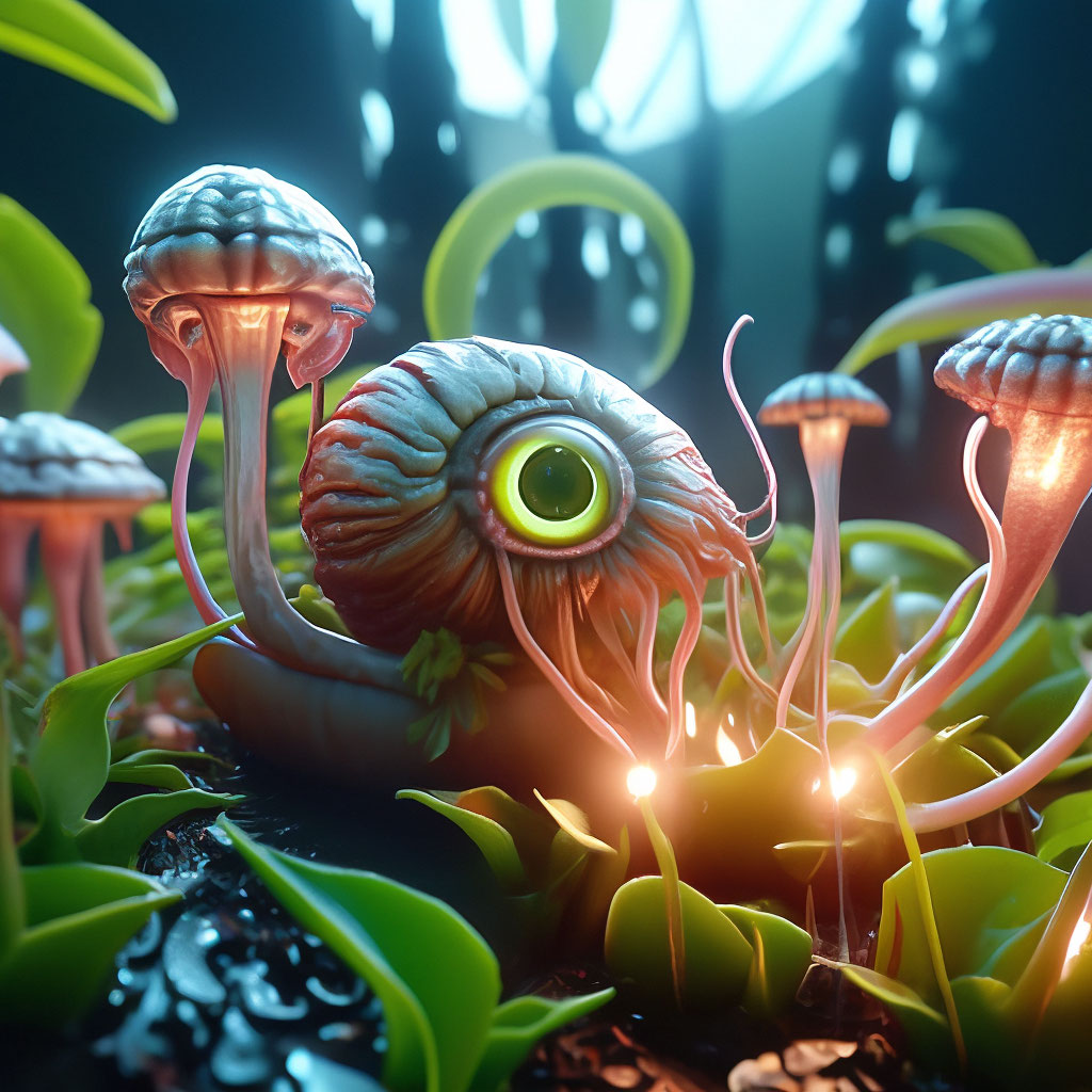 "Botanical park of carnivorous alien plants, mycelium, stream, slug ...