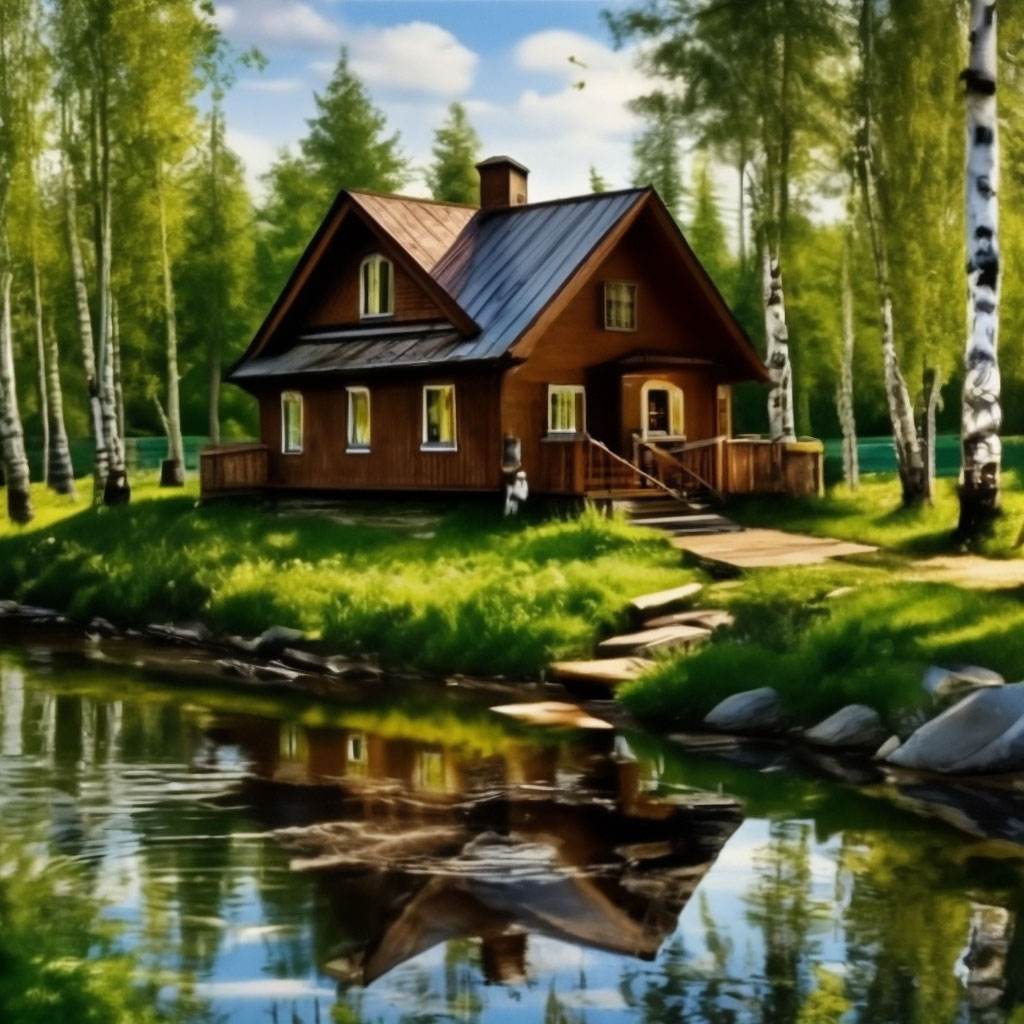 "A small house made of brown logs on the background of a river and ...