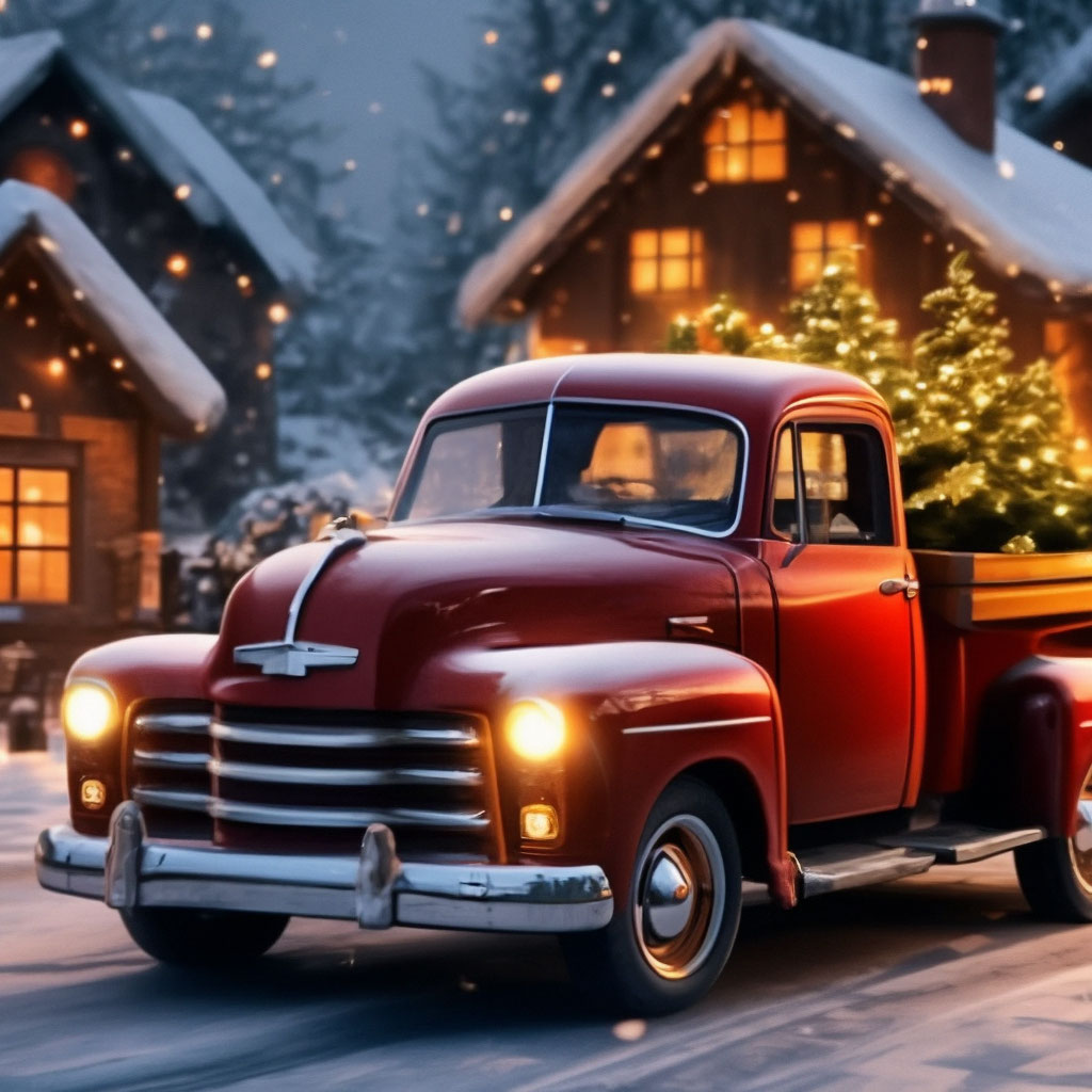 "Santa Claus pickup truck with a Christmas tree and gifts, cozy New ...