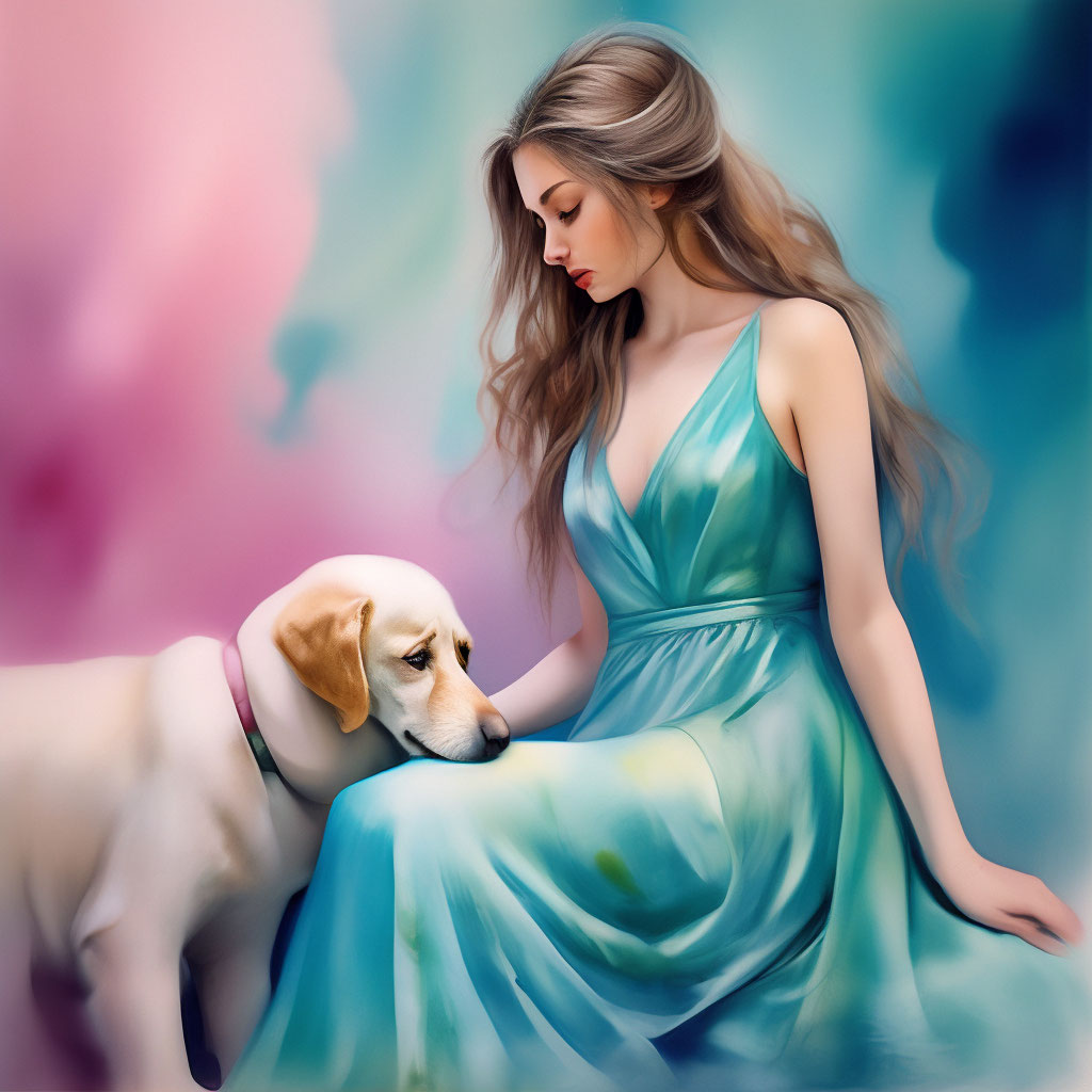 "Watercolor painting of a girl in a turquoise-pink liquid silk dress ...