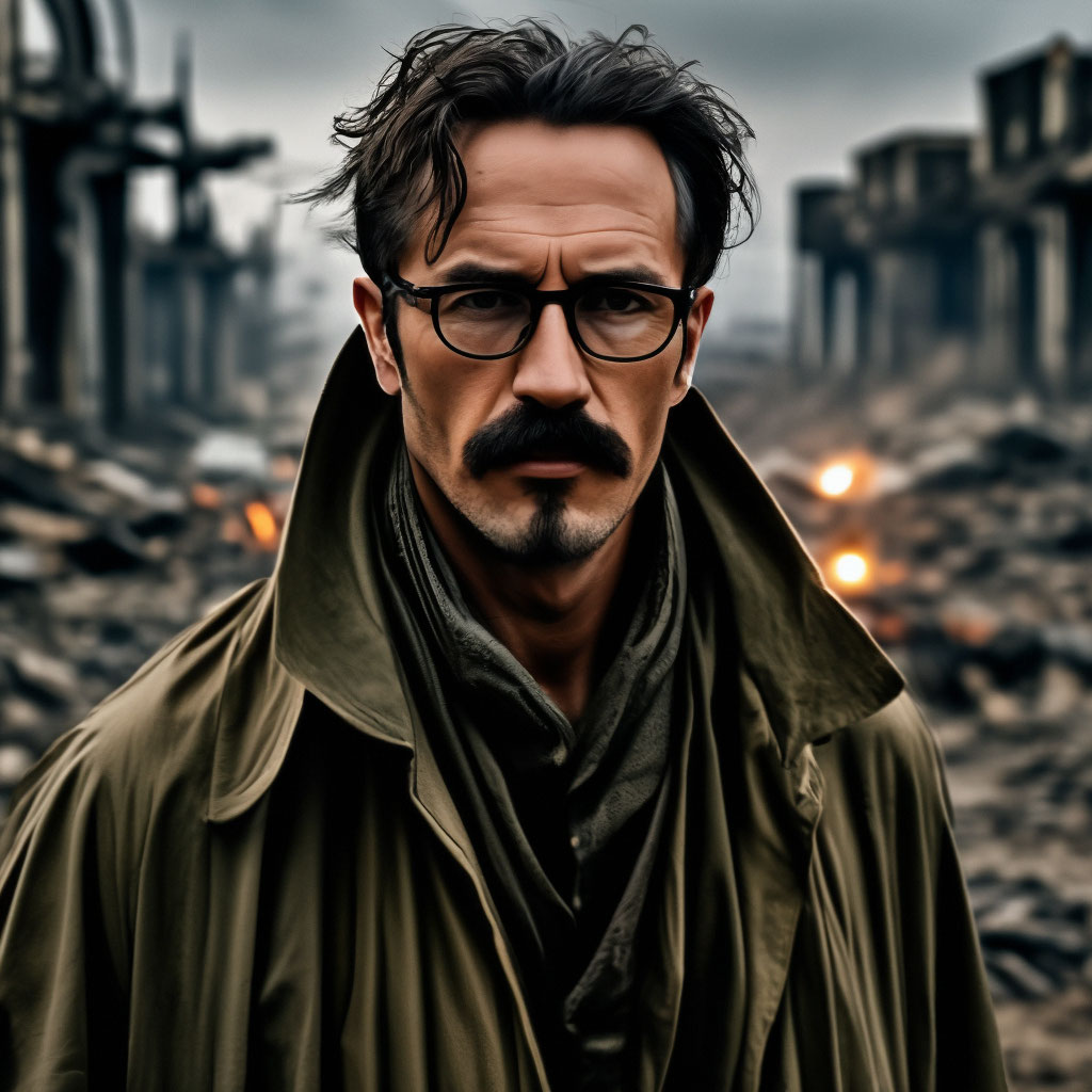 "A bespectacled man with a mustache and a raincoat" — image created in ...