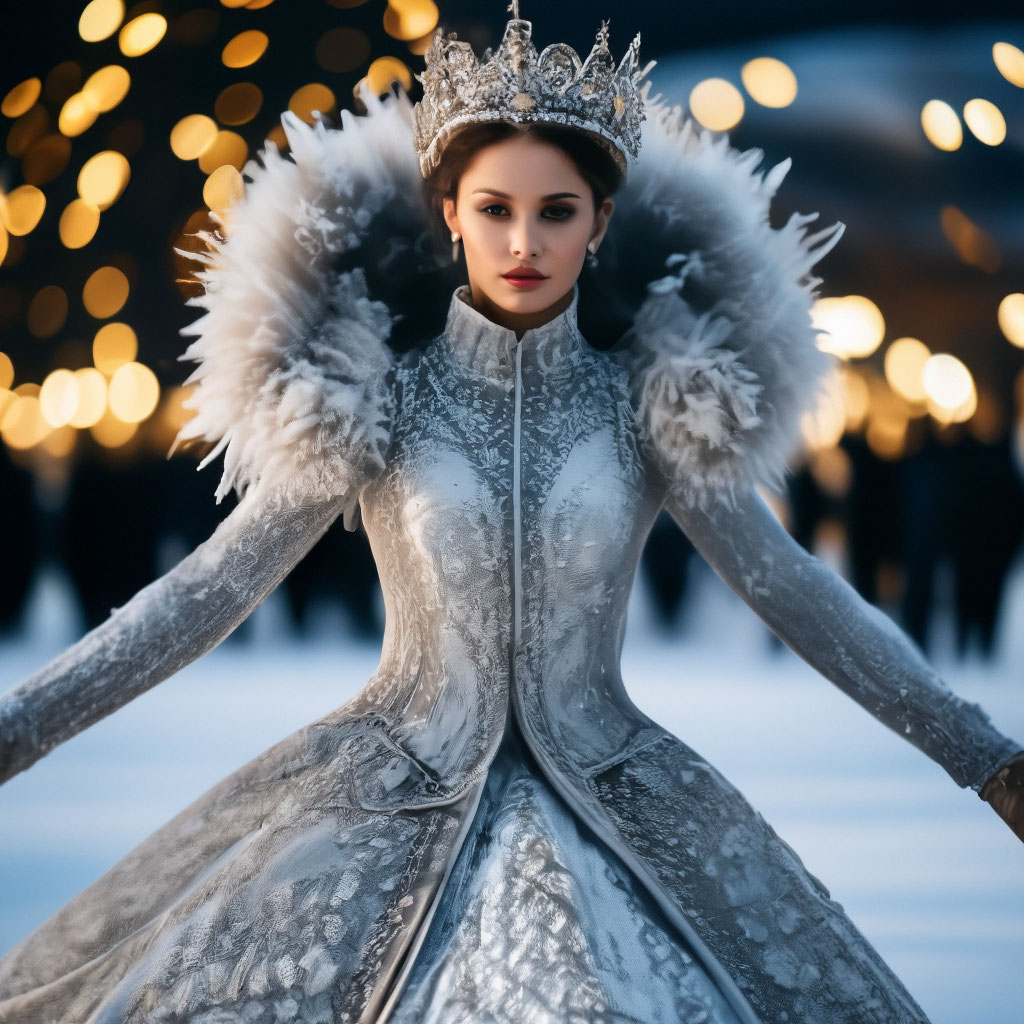 "The Snow Queen in a very beautiful dress embroidered with ice and ...