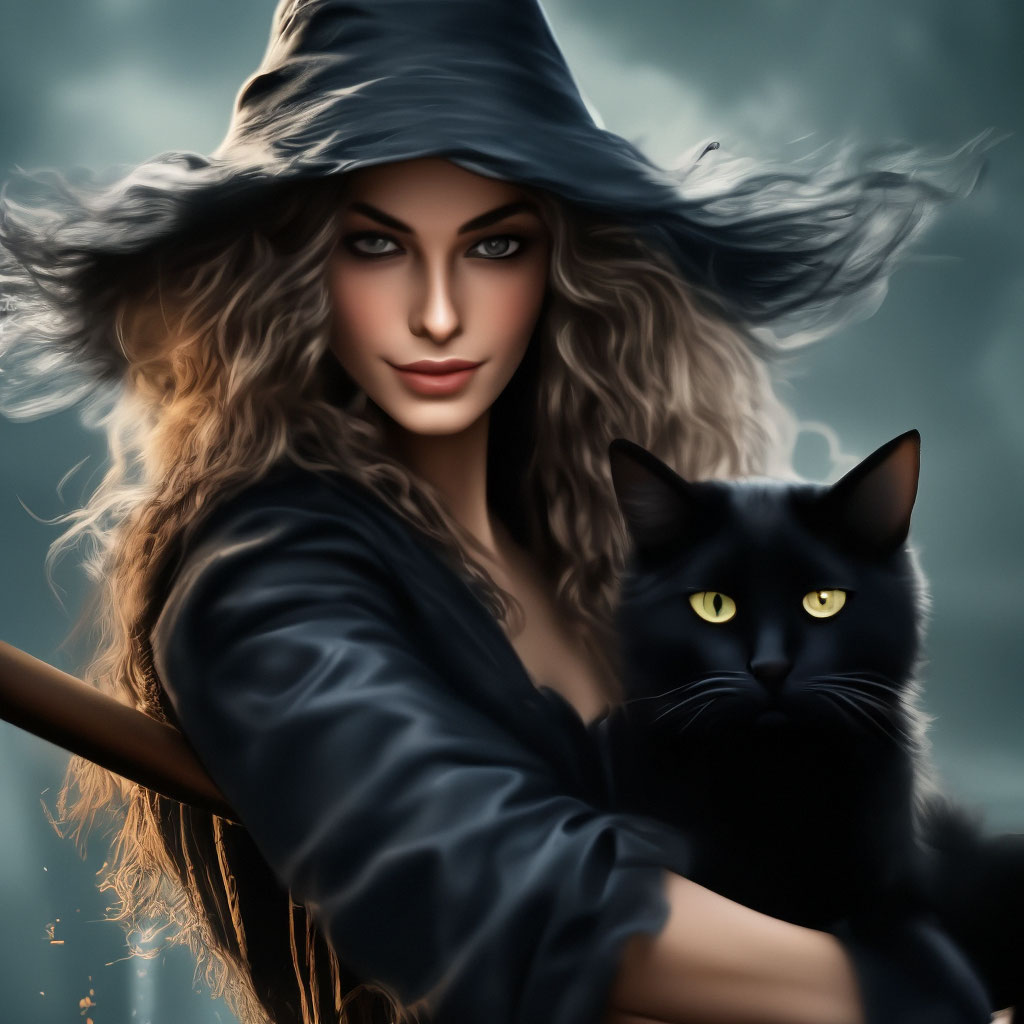 "A witch on a broom with a black cat" — image created in Shedevrum
