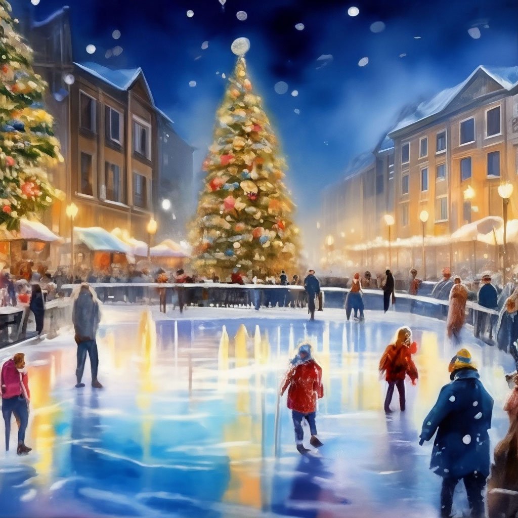 Ice rink, it's snowing, Christmas fairy atmosphere, garlands, Christmas ...