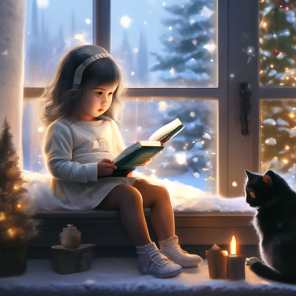 "A little baby girl is sitting on a chair near the window and reading a ...