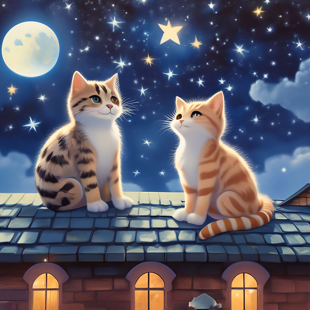 "A cat and a cat sit on the roof at night under the starry sky" — image ...
