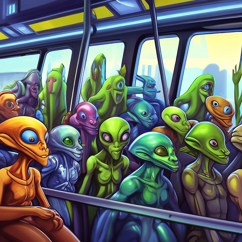 "Crowded bus of aliens of different races, pressed against the glass ...