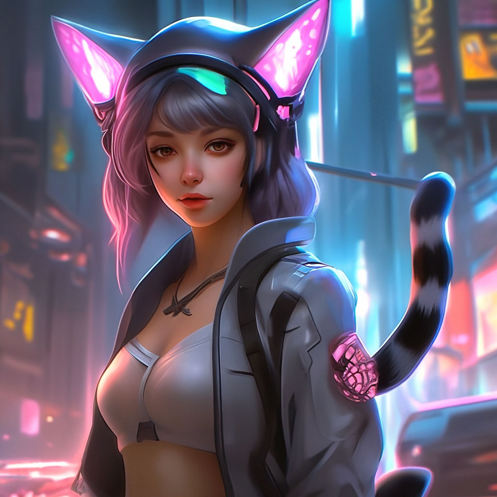 "A girl with cat ears and a tail, in the style of fantasy, cyberpunk ...