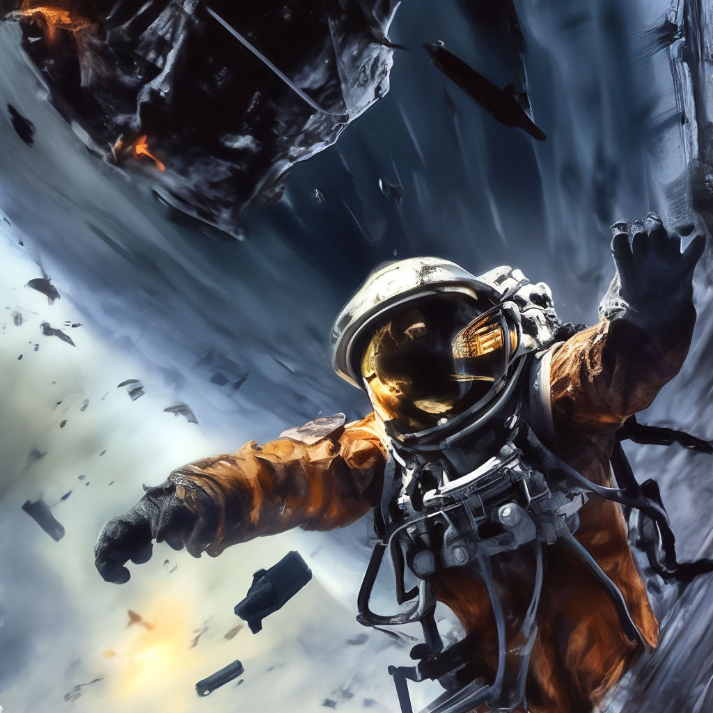 "Gloomy outer space, flying fragments of a spaceship. the astronaut is ...