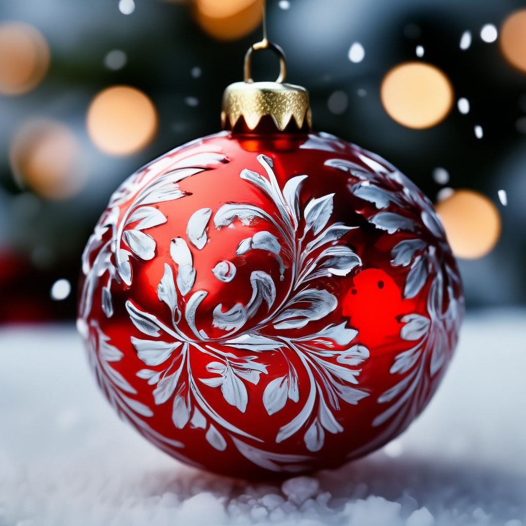 "Close-up: A Christmas tree toy in the form of a red glass ball with a ...