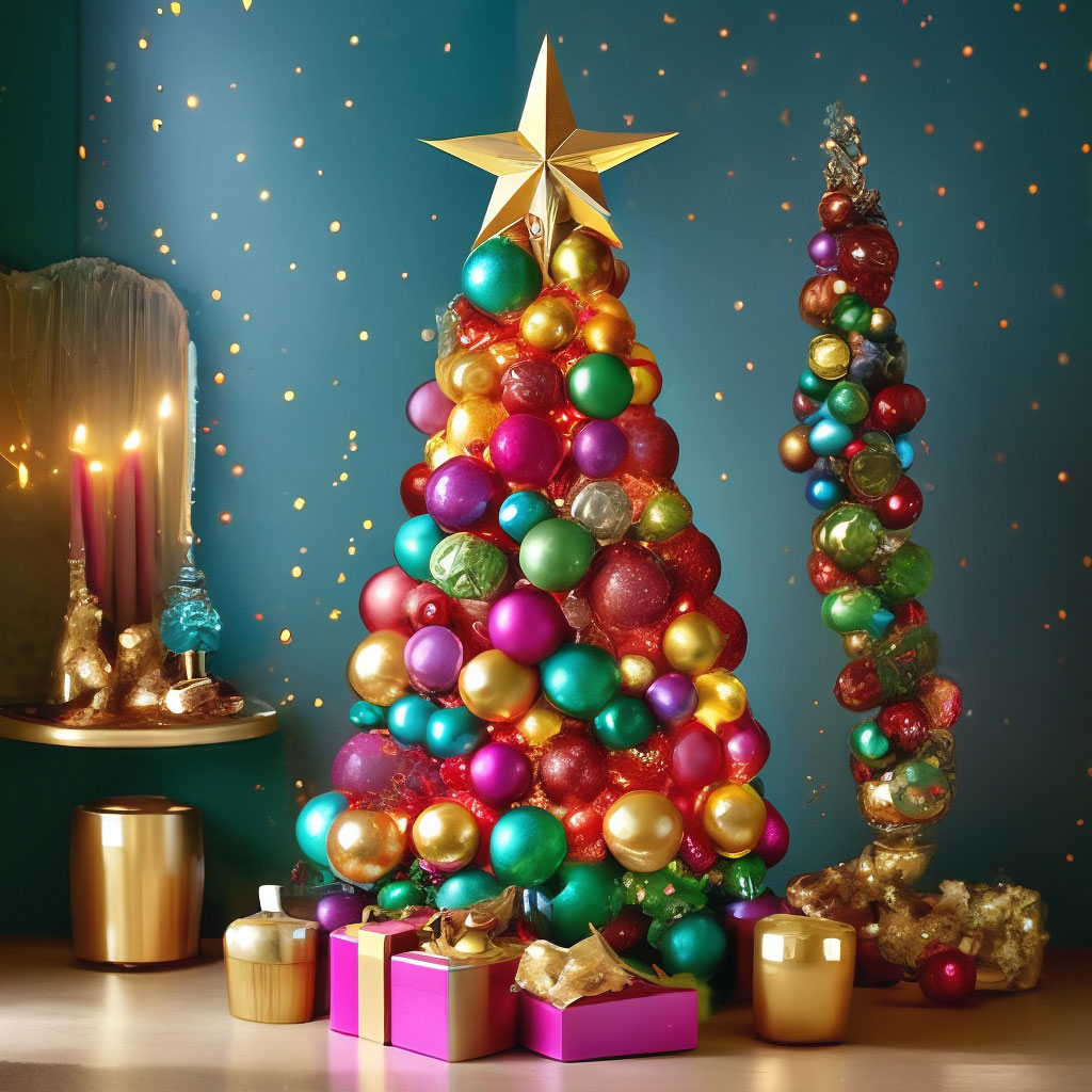 "A colorful Christmas tree hung with a garland and a golden star ...