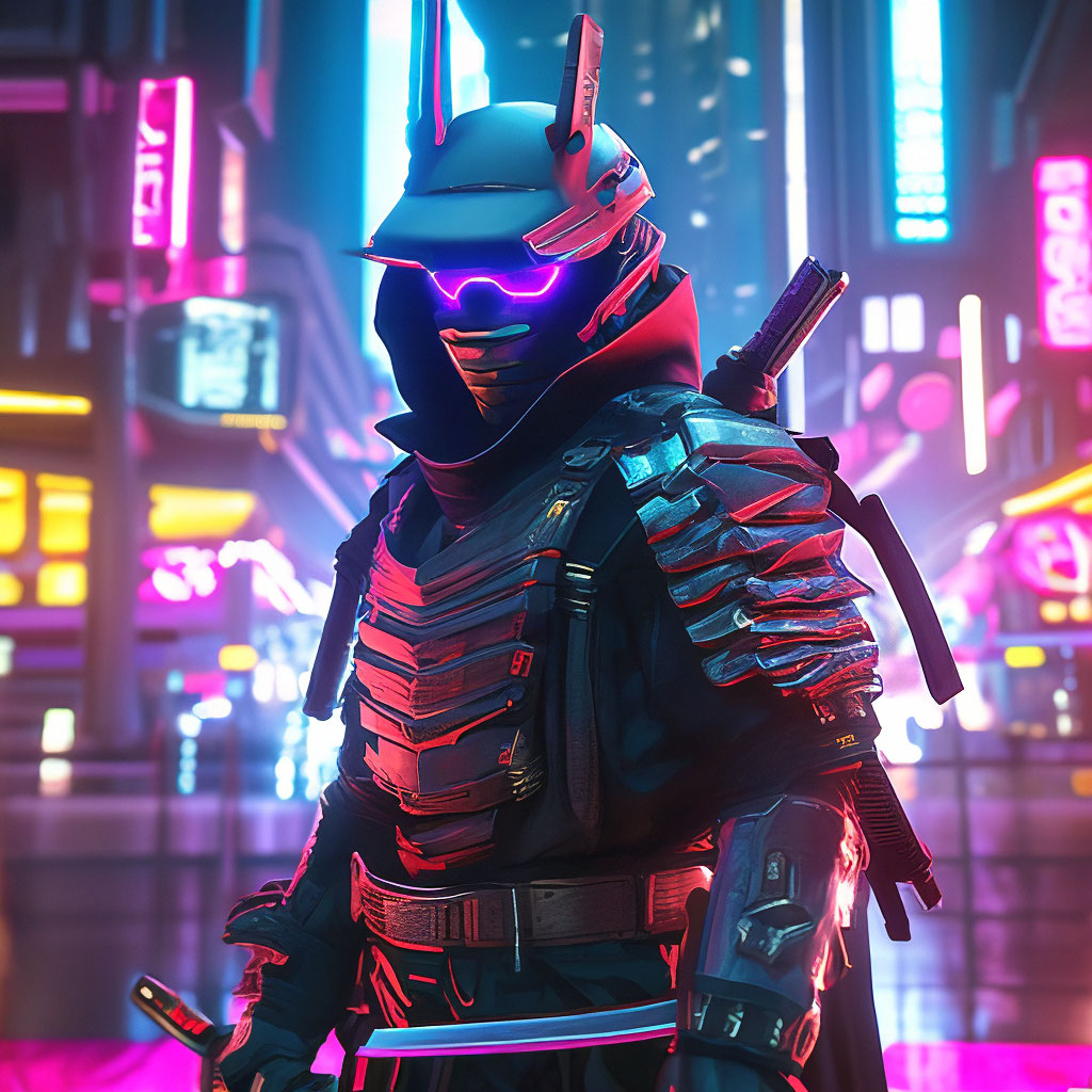 "A six - armed cyberpunk samurai in a neon mask , with a katana and a ...