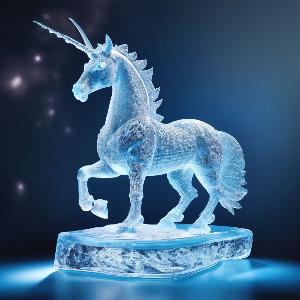 "An elegant ice sculpture of a unicorn. Carving on ice. Filigree. On a ...