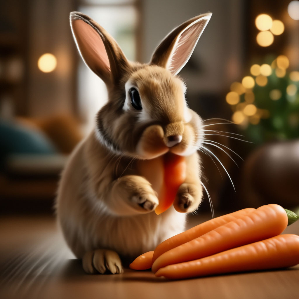"A cute little bunny is eating a carrot. there is a cozy apartment in ...